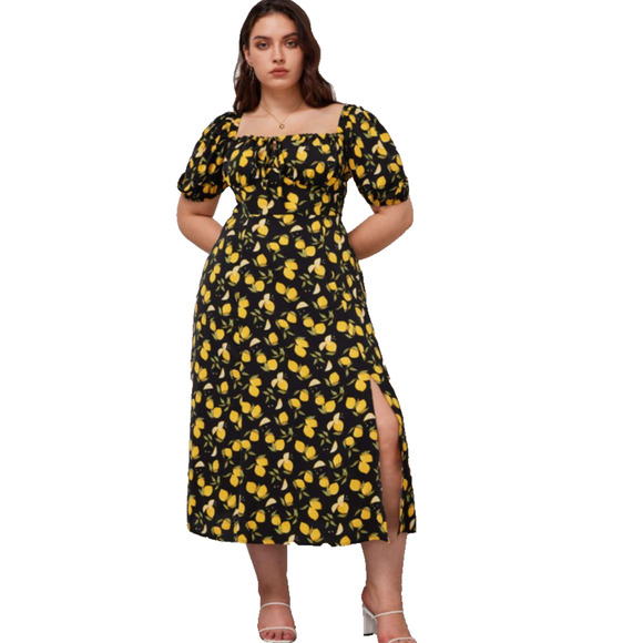 Cider Lemon Split Cottage Milkmaid Prairie Knotted Shirred Smocked Midi Dress 1X - Picture 4 of 12